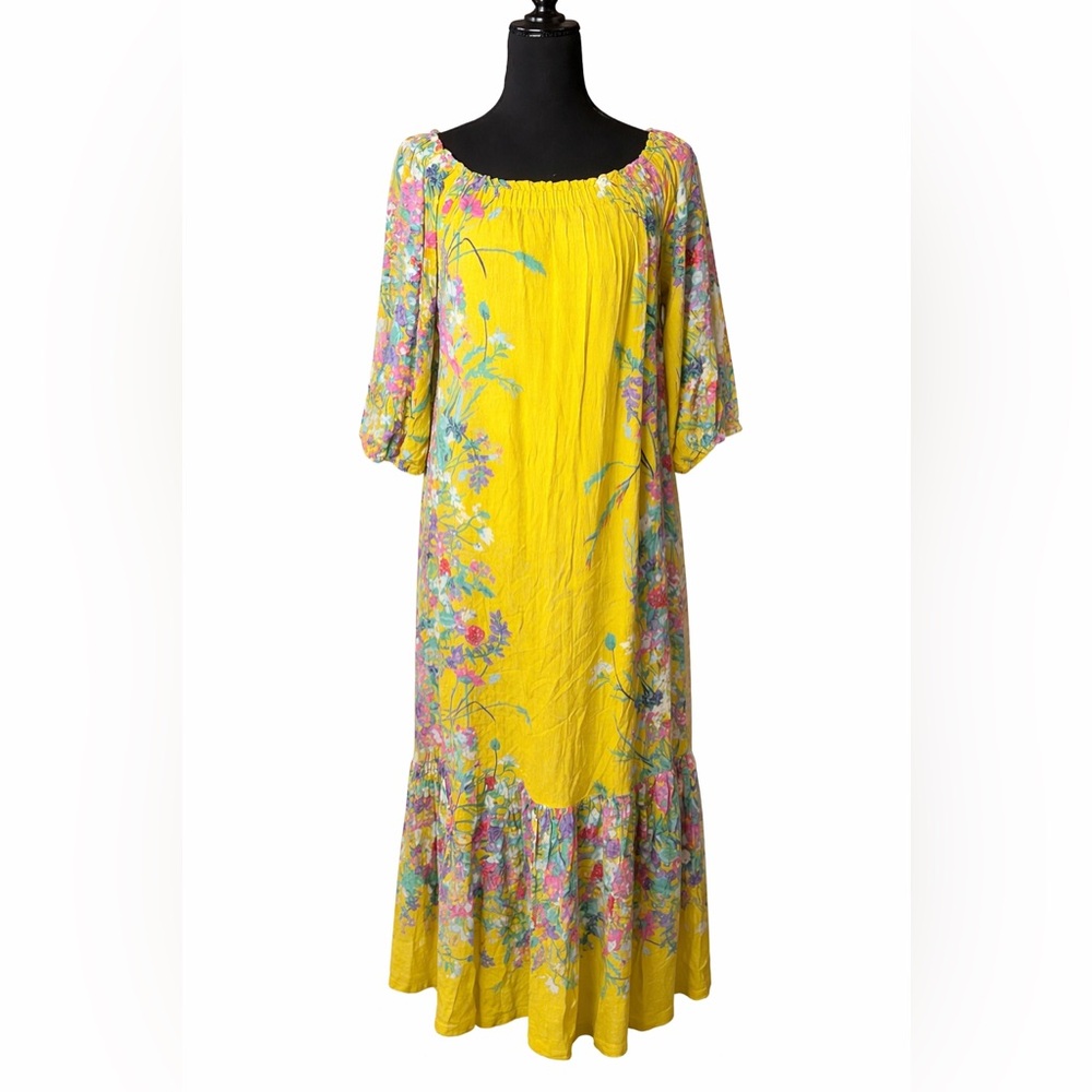 Anthropologie Yellow Floral Boho Prairie Maxi Dress Cottagecore Viscose- Medium